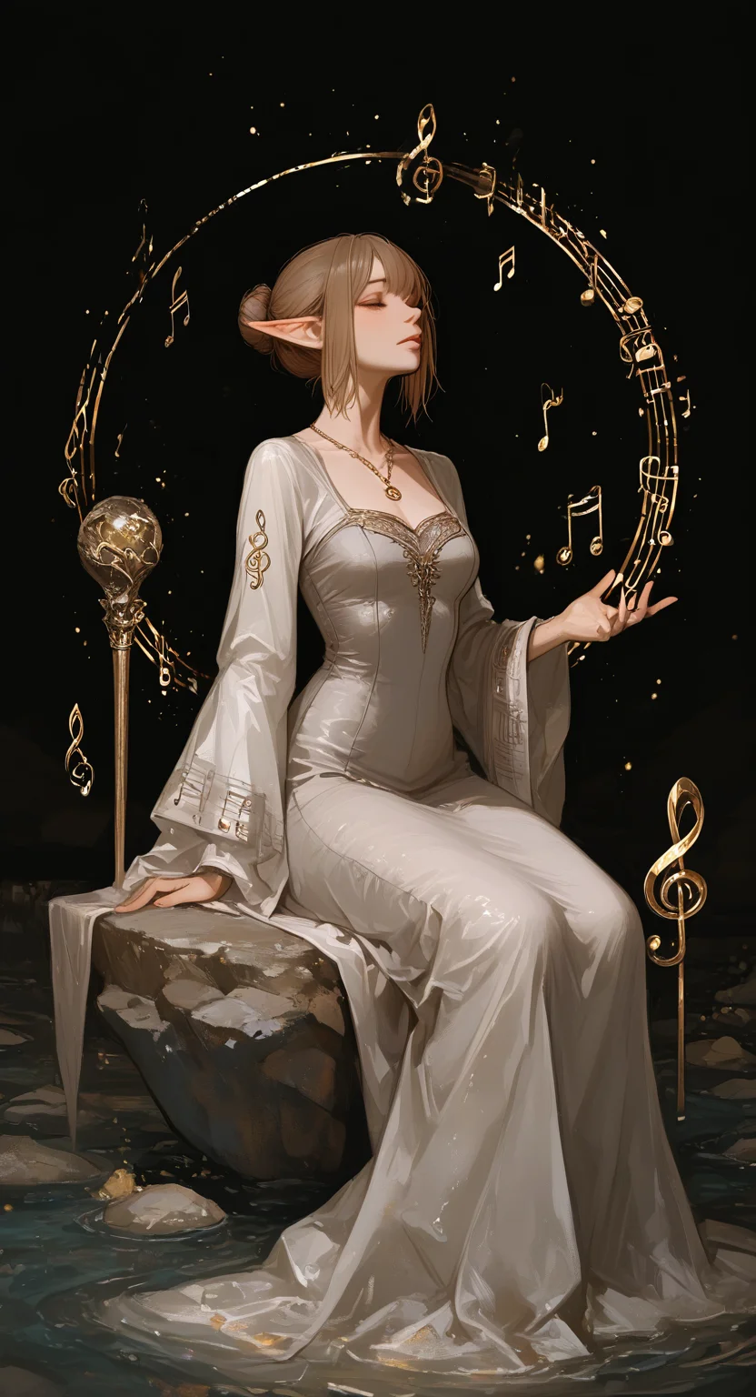 masterpiece, best quality, good quality, very awa, very aesthetic, absurdres, newest, 1girl, solo, breasts, short_hair, brown_hair, long_sleeves, dress, jewelry, sitting, pointy_ears, wide_sleeves, white_dress, necklace, hair_bun, lips, single_hair_bun, elf, musical_note, floating, rock, nose, realistic, eighth_note, grey_dress, floating_object, beamed_eighth_notes, treble_clef, quarter_note, beamed_sixteenth_notes, staff_\(music\), sitting_on_rock, floating_rock <lora:ponyv6_noobV1_2_adamW-000017:0.7> <lora:748cmSDXL:0.8> <lora:GBF_Illustrious:0.4>