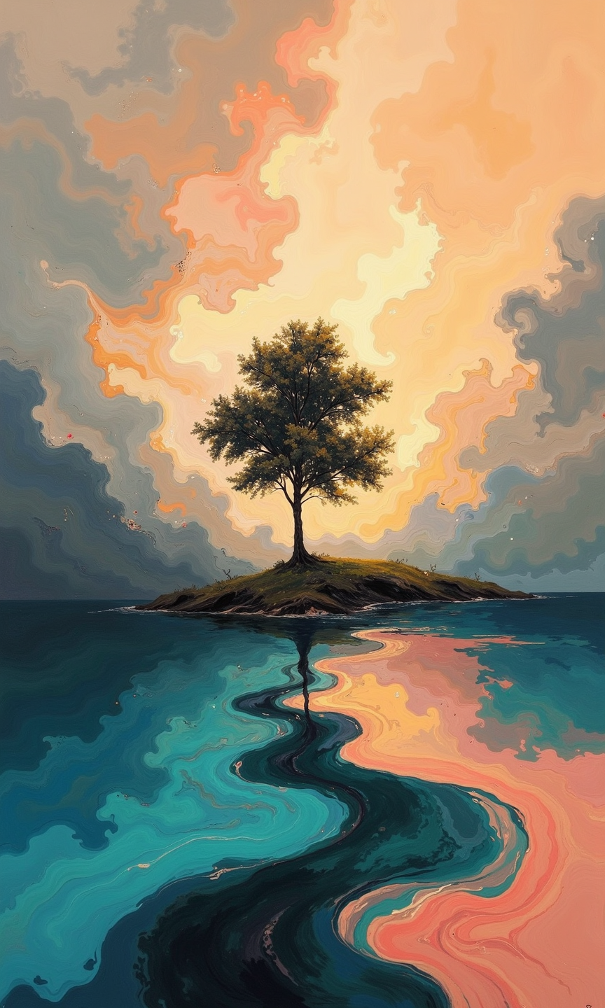 Full shot of an abstract painting.
The central focus is a dark silhouette of a tree, standing amidst a body of water.  The tree appears against a backdrop of swirling, blended clouds and sky in various shades of orange, yellow, pink, and gray.  The colors are soft and blended, with visible brushstrokes.
The water below the tree is a reflection of the swirling sky above.  It is a series of flowing, abstract shapes in shades of blue, teal, beige, coral, and pink, very much influenced by the colors of the sky.
The overall composition is dreamlike and ethereal, with a sense of flowing motion and depth created through the layering of colors and textures. The interplay of light and shadow within the painting helps deepen the mood.
<lora:FLUX-daubrez-DB4RZ-v2:1> DB4RZ, DB4RZ style painting