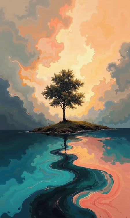 Full shot of an abstract painting.
The central focus is a dark silhouette of a tree, standing amidst a body of water. The tree appears against a backdrop of swirling, blended clouds and sky in various shades of orange, yellow, pink, and gray. The colors are soft and blended, with visible brushstrokes.
The water below the tree is a reflection of the swirling sky above. It is a series of flowing, abstract shapes in shades of blue, teal, beige, coral, and pink, very much influenced by the colors of the sky.
The overall composition is dreamlike and ethereal, with a sense of flowing motion and depth created through the layering of colors and textures. The interplay of light and shadow within the painting helps deepen the mood.
<lora:FLUX-daubrez-DB4RZ-v2:1> DB4RZ, DB4RZ style painting