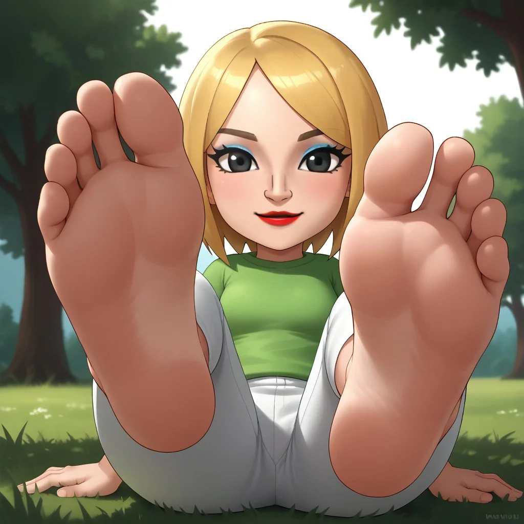 score_9, score_8_up, BREAK, (masterpiece:1.4), (best quality:1.2), solo, perfect anatomy, accurate anatomy, perfect feet, perfect soles, mii, wii sports club, wii u, blonde hair, black eyes, blue eyeshadow, red lips, lipstick, dark green clothing, white pants, breasts, female mii, 1girl, cute, attractive, Xiu_(\Wii_Sports_Club\), Nintendo Mii, modern_mii, classic_mii, light skin, light skin female, sexy pose, self portrait, smile, outdoors, sunlight, shadows, evening lighting, natural lighting, forest, trees, grass, orange sky, sunset, {{{sitting, barefoot, foot focus, feet, soles}}}, adult female, mature female, grown up