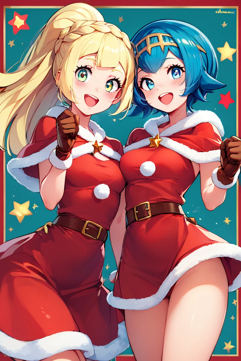 score_9, score_8_up, score_8, medium breasts, (curvy), cute, eyelashes, ,,, LllLn, :d, alternate costume, aqua background, arched back, belt, blonde hair, blue eyes, blue hair, blush, border, braid, bright pupils, brown belt, brown gloves, christmas, clenched hands, dress, eye contact, eyelashes, gloves, green eyes, hairband, happy, heart, high ponytail, kinocopro, zzLana, zzLillie, looking at another, milestone celebration, nintendo, pokemon sm, ponytail, red border, red dress, santa costume, short dress, short hair, smile, star (symbol), yellow hairband, long hair, bangs, white pupils, merry christmas, ,<lora:LillieLanaPDXL:1.0>, <lora:CatalystStylePDXL:0.6>, ,,, embedding:zPDXL, Expressiveh, <lora:SDXLFaeTastic2400:0.5>, <lora:Expressive_H-000001:0.4>,