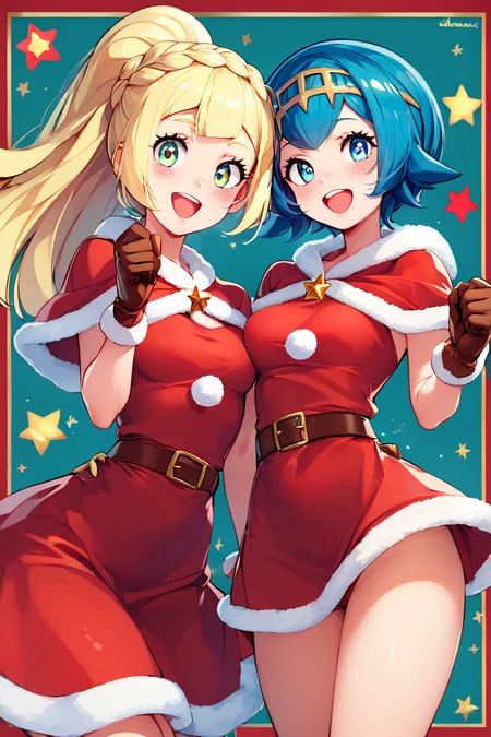 score_9, score_8_up, score_8, medium breasts, (curvy), cute, eyelashes, ,,, LllLn, :d, alternate costume, aqua background, arched back, belt, blonde hair, blue eyes, blue hair, blush, border, braid, bright pupils, brown belt, brown gloves, christmas, clenched hands, dress, eye contact, eyelashes, gloves, green eyes, hairband, happy, heart, high ponytail, kinocopro, zzLana, zzLillie, looking at another, milestone celebration, nintendo, pokemon sm, ponytail, red border, red dress, santa costume, short dress, short hair, smile, star (symbol), yellow hairband, long hair, bangs, white pupils, merry christmas, ,<lora:LillieLanaPDXL:1.0>, <lora:CatalystStylePDXL:0.6>, ,,, embedding:zPDXL, Expressiveh, <lora:SDXLFaeTastic2400:0.5>, <lora:Expressive_H-000001:0.4>,