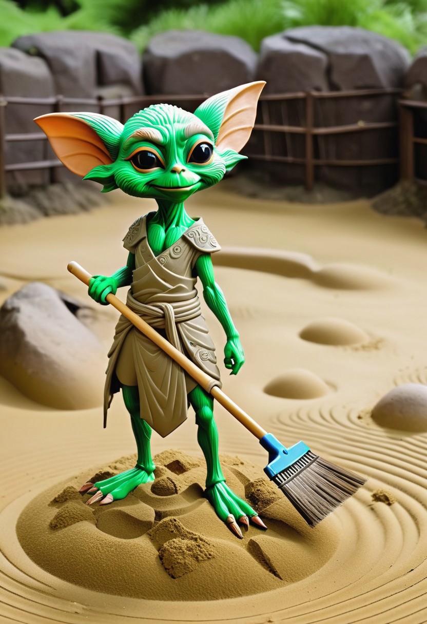 <lora:Everly_Heights_Backgrounds_New_Settings:.5> A serene misty Zen garden in medieval Japan with perfectly raked sand.feminine green skinned gremlin gremlin holds a big rake that is bigger then her, the rake is painted with intricate details decorated, the gremlin is dressed in an apron, also wears multiple pouches with other sand sculpting implements and gardening tools sticking out of them