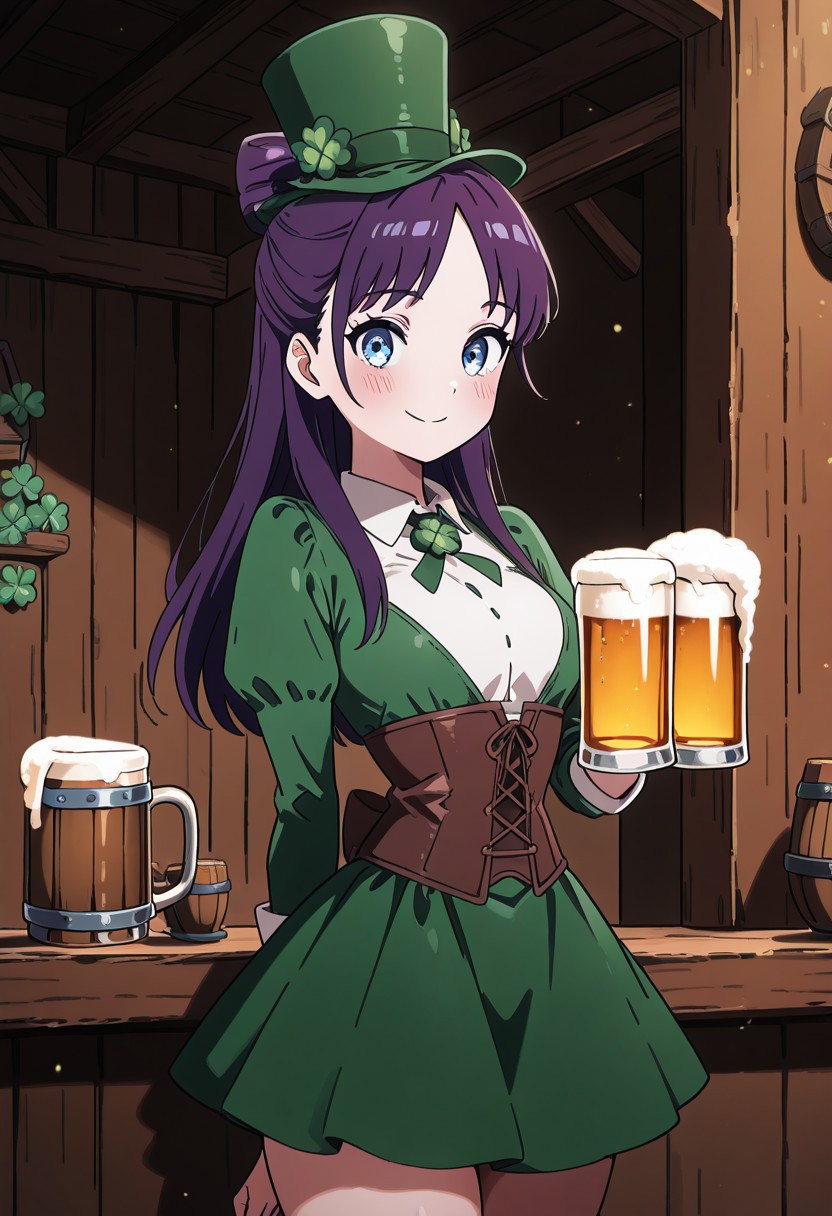masterpiece, best quality, looking at viewer, smile,  1girl, solo(beautiful eyes), C0utur3Cr4z3,  green hat, corset, green skirt, long sleeves, collared dress, solo, smile, looking at viewer, cowboy shot,  ShamrockWorld, clover, four-leaf clover, beer mug, WWNemu, NemuAniHu, dark purple hair,  parted bangs, half updo, blue eyes,
