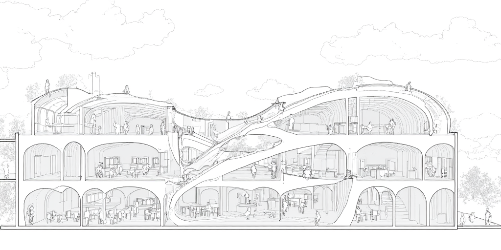 A sectional perspective drawing of a library with a dynamic, vivid interior scene. Several people are sitting and walking in the living area. The library features multiple levels, with interconnected spaces unified by curved structural elements. A large, open central atrium connects the floors visually and physically, with a sweeping ramp spiraling up to provide circulation. The architecture emphasizes fluid forms, with arches and vault-like elements supporting the floors and creating a sense of openness. The structural members appear light yet dynamic, contributing to an elegant aesthetic. The ground floor includes spaces with tables and chairs, suggesting areas for study or collaboration. The upper levels seem dedicated to reading areas and book storage, with shelves integrated into the walls. The perspective hints at a lively atmosphere, where people are reading, walking, or interacting within the space. The design prioritizes visibility and accessibility, encouraging community engagement and exploration. Large, open spaces suggest ample natural light, with potential for skylights or transparent facades. The interplay of light and shadow across the curved elements adds depth and dimension to the environment.,lineartSectionPerspectiveDrawing,lineartSectionPerspectiveDrawing