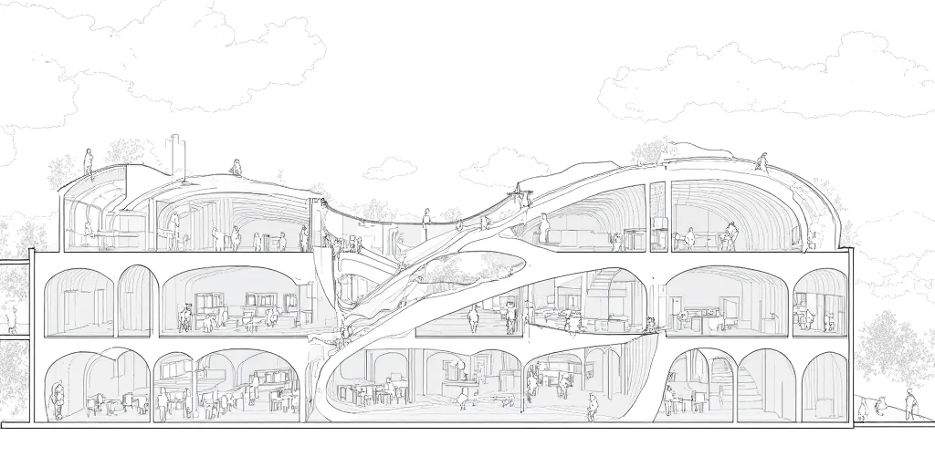 A sectional perspective drawing of a library with a dynamic, vivid interior scene. Several people are sitting and walking in the living area. The library features multiple levels, with interconnected spaces unified by curved structural elements. A large, open central atrium connects the floors visually and physically, with a sweeping ramp spiraling up to provide circulation. The architecture emphasizes fluid forms, with arches and vault-like elements supporting the floors and creating a sense of openness. The structural members appear light yet dynamic, contributing to an elegant aesthetic. The ground floor includes spaces with tables and chairs, suggesting areas for study or collaboration. The upper levels seem dedicated to reading areas and book storage, with shelves integrated into the walls. The perspective hints at a lively atmosphere, where people are reading, walking, or interacting within the space. The design prioritizes visibility and accessibility, encouraging community engagement and exploration. Large, open spaces suggest ample natural light, with potential for skylights or transparent facades. The interplay of light and shadow across the curved elements adds depth and dimension to the environment.,lineartSectionPerspectiveDrawing,lineartSectionPerspectiveDrawing