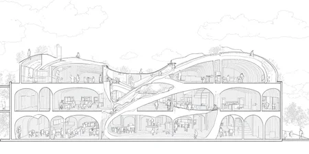 A sectional perspective drawing of a library with a dynamic, vivid interior scene. Several people are sitting and walking in the living area. The library features multiple levels, with interconnected spaces unified by curved structural elements. A large, open central atrium connects the floors visually and physically, with a sweeping ramp spiraling up to provide circulation. The architecture emphasizes fluid forms, with arches and vault-like elements supporting the floors and creating a sense of openness. The structural members appear light yet dynamic, contributing to an elegant aesthetic. The ground floor includes spaces with tables and chairs, suggesting areas for study or collaboration. The upper levels seem dedicated to reading areas and book storage, with shelves integrated into the walls. The perspective hints at a lively atmosphere, where people are reading, walking, or interacting within the space. The design prioritizes visibility and accessibility, encouraging community engagement and exploration. Large, open spaces suggest ample natural light, with potential for skylights or transparent facades. The interplay of light and shadow across the curved elements adds depth and dimension to the environment.,lineartSectionPerspectiveDrawing,lineartSectionPerspectiveDrawing