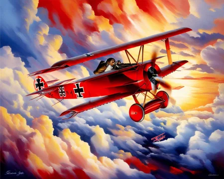 Fokker_Dr.I, 2aircraft, dogfight, oil on canvas, crimson triplane, swirling clouds, dramatic light, masterpiece, best quality, amazing quality <lora:Mini list aircraft sdxl V1:1>