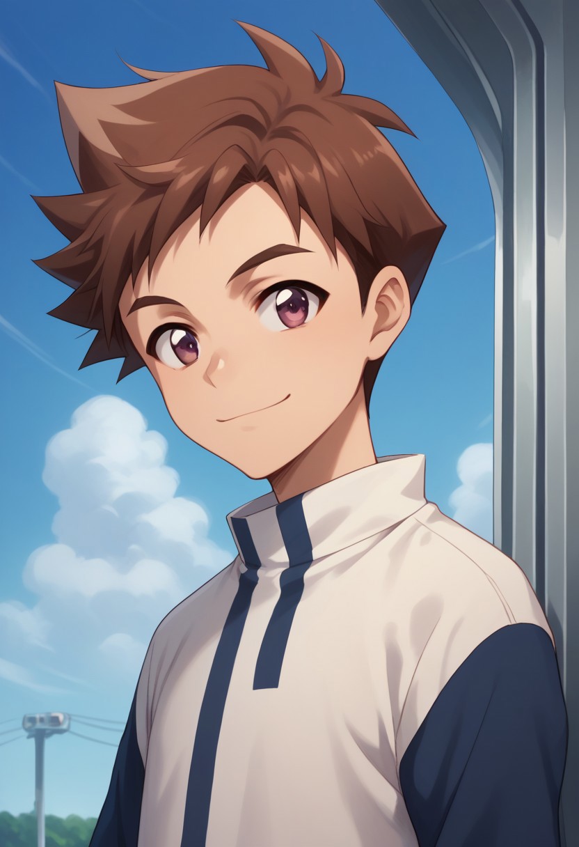 score_9, score_8_up, score_7_up, source_anime, highly detailed,
hayato, 1boy, solo, brown hair, male focus,  smile, upper body, looking at viewer, standing, brown eyes, spiked hair, shirt, long sleeves, purple eyes,
outdoor, sky, train, shinkansen