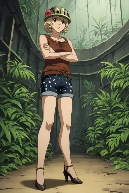 zPDXL, score_9, score_8_up, score_7_up, rating_safe, , looking at viewer, , 1girl, black eyes, light blonde hair, curly hair, hair flower, clothing cutout, starry print shorts, helmet, high heels, solo, wide angle, wide shot, cowboy shot, jungle, rainforest, ruins, dark, crossed arms, distracted, aloof, oblivious, <lora:death_note_style_pony:1.18>, death_note_style, , <lora:sdxl_lightning_8step_lora:1>