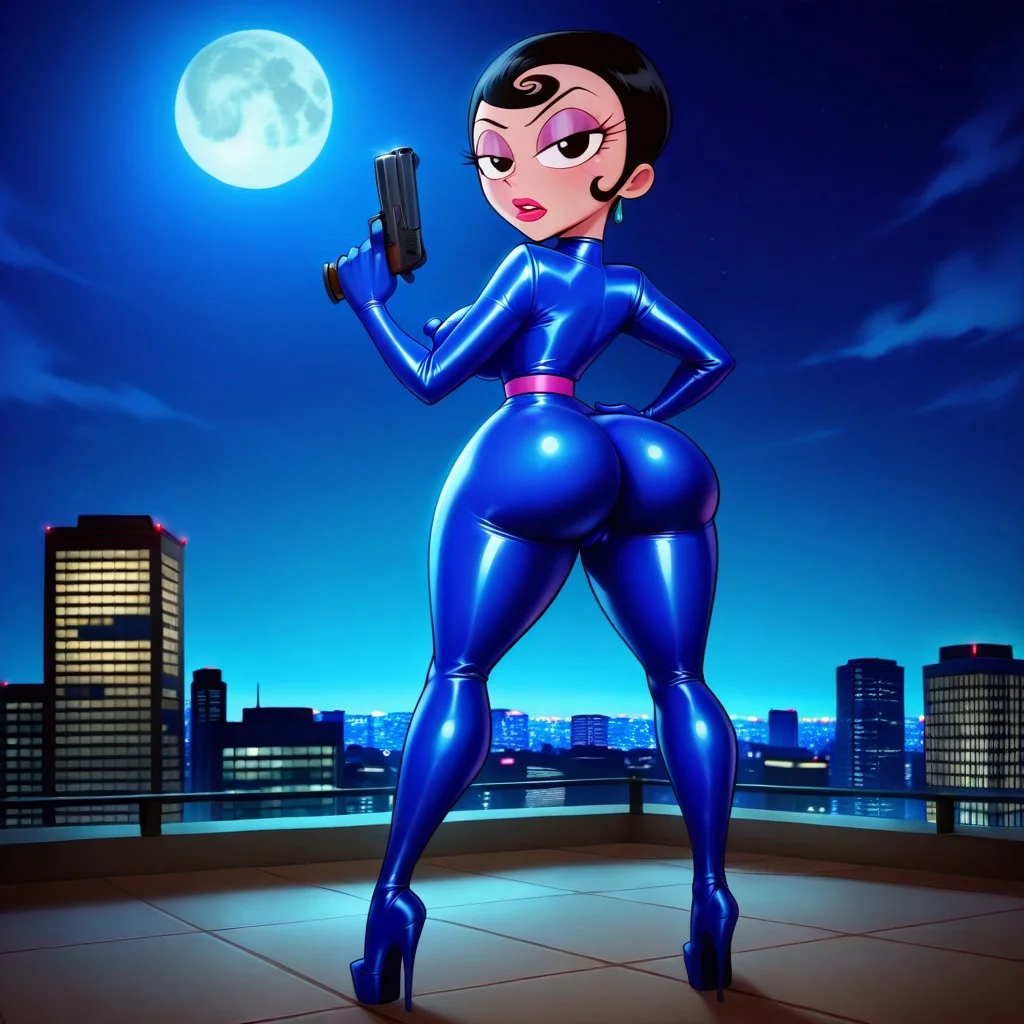 score_9, score_8_up, score_7_up, solo, 1girl, xhoneydewx, black hair, short hair, black eyes, lipstick, makeup, blue catsuit, latex catsuit, full body catsuit, gloves, long heels, cptnjerk, nipple bulge, cameltoe, tall, long legs, standing straight, ((from behind)), focus on ass, looking at viewer, upper body turned, wide stance, huge ass, tiny waist, right hand holding handgun, left hand on hip, ((full body shot)), city, city skylight, city rooftop, night-time, moon, moonlight, outdoor lighting, dynamic lighting, detailed background,