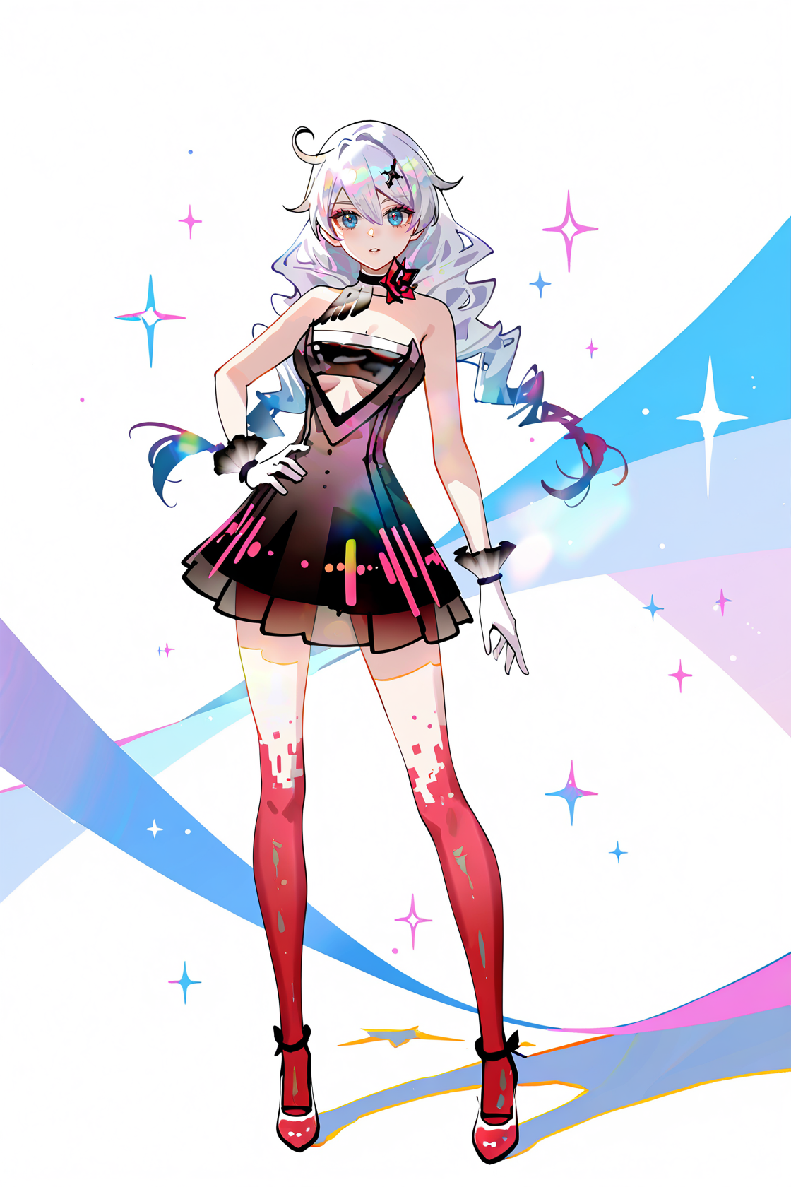 8k, best quality, masterpiece, (ultra-detailed), (high detailed skin), 
((artist:reoen),(artist:fuzichoco),(artist:atdan),(artist:torino_aqua),year 2024:0.8)1girl, [artist:wlop], [artist:ningen_mame], artist:ciloranko, [[artist:rhasta]], artist:tidsean, colorful, detailed light, light leaks, sunlight, bokeh, blurry foreground, ray tracing, lens flare, cinematic lighting, 
full body, full shot, standing, looking at viewer, (solo:1.2), simple background, (white background:1.2), hand on own hip, (white background:1.1), 
<lora:kiana-young-noob-Tanger:0.8>, 
kiana kaslana, geji, geji dress, 6th clothes, 1girl, blue eyes, braid, long hair, twin braids, dress, white gloves, bare shoulders, 
A full-body portrait of a young girl, standing gracefully, pastel art style, high-key lighting, shoujo manga influence, hd quality, delicate details,