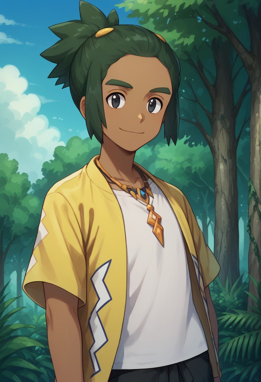 score_9, score_8_up, score_7_up, source_anime, highly detailed, 
haupk, 1boy, male focus, solo, green hair, dark-skinned male, smile, shorts, shirt, upper body, dark skin, closed mouth, white shirt, standing, short sleeves, jewelry, looking at viewer, black shorts, open clothes, jacket, yellow jacket, necklace, short ponytail, black eyes, short hair,
outdoor, sky, tree, clouds
