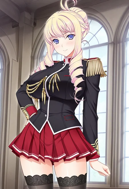 1girl,solo,Bertille Althusser,
blue eyes,large breasts,blonde hair,long hair,
school uniform,pleated skirt,epaulettes,red skirt,long sleeves,black uniform,aiguillette,black thighhighs,
cowboy shot,looking at viewer,standing,front view,blush,smile,
Gothic,indoor,window,
masterpiece,best quality,amazing quality,
game cg,