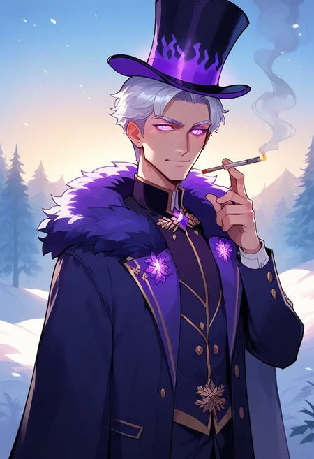 score_9, score_8_up, score_7_up, score_6_up, one anime style,1 boy, 20 year old, cute, frost magic, glowing frost veins,  masterpiece, best quality, short white hair, purple tux with top hat, clear purple eyes, pupils, purple glowing eyes, outside, snow background, calm expression, enjoying the moment, amused smile, smoking