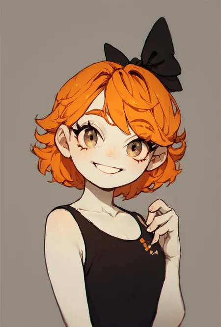 score_9, score_8_up, score_7_up, score_6_up, score_5_up, simple, looking at viewer, smiling, <lora:derpina-10:1> derpina, 1girl, short hair, hair bow, medium hair, orange hair, black dress,, white skin,, <lora:k4n3k0y4XLP:1> k4n3k0y4