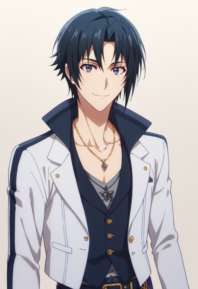 score_9, score_8_up, score_7_up, source_anime, highly detailed, 
iorizumi, 1boy, male focus, black hair, jacket, jewelry, necklace, upper body, pants, belt, idol uniform, looking at viewer, smile