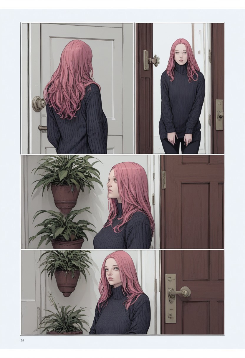 zPDXL3, karmen, comic, 1girl, pink hair, long hair, sweater, door, plant