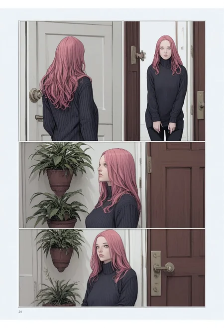 zPDXL3, karmen, comic, 1girl, pink hair, long hair, sweater, door, plant