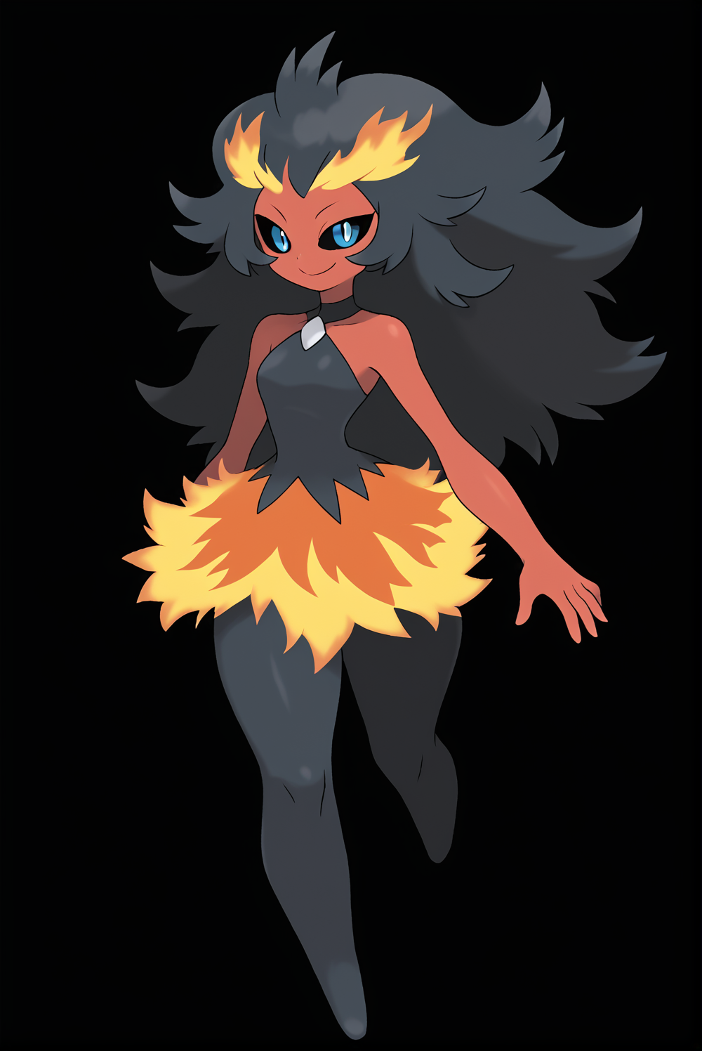 Score_9, Score_8_up, score_7_up, score_6_up, rating_safe solo, type: fire, type: rock, it is a feminine humanoid made out of fire and coal, it is entirely made out of fire except for it's dress, it has wide hips and thick thighs, but a narrow waist and chest, it has blue eyes that contrast with it's orange and red body, it has thin upper arms but wide forearms, it has narrow shoulders, it has a small smile, it is attractive and has the silhouette of breasts, it has a short dress made of coal, it has long hair made of coal, it has black hair, it has lumpy hair, it is wearing a lumpy dress, it has black sclera<lora:EMS-300164-EMS:0.800000>