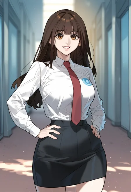 zPDXL3, score_9_up, score_8_up, score_7_up, (Anime_source), 1girl, Yuna Lee, brown eyes, brown hair, long hair, school uniform, black skirt, parted lips, smile, looking at viewer, cowboy shot, hands on hips