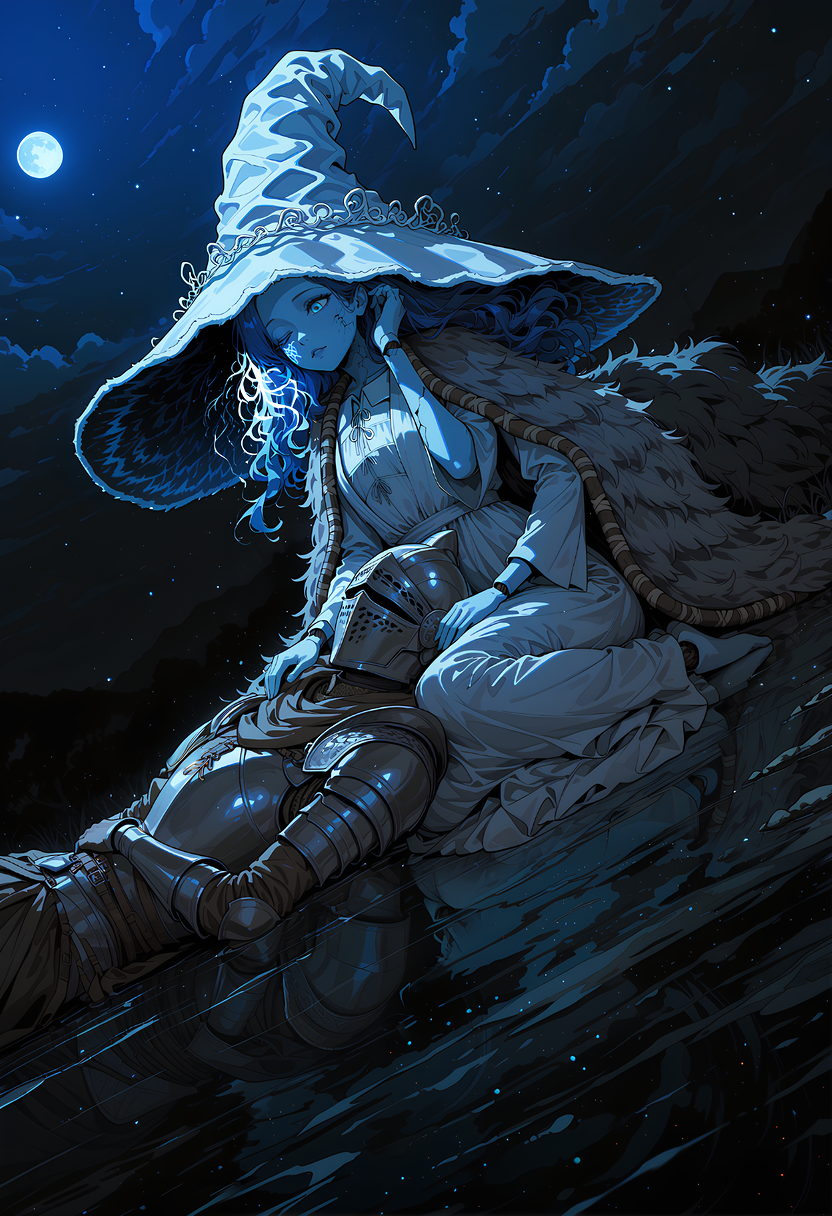 1boy, tarnished \(elden ring\), armor, 1girl, lap pillow, yokozuwari, tucking hair, floating hair, ranni the witch, RnnDef, blue eyes, one eye closed, blue hair, wavy hair, (4 arms:1.2), extra faces, ghost face, blue skin, colored skin, cracked skin, doll joints, witch hat, large hat, white headwear, white dress, long sleeves, fur cloak, brown cloak, moon, night sky, bloom, dutch angle, shade, light particles, shadow, dark, dim lighting, reflective water, lineart, flat color, ligne claire, photorealistic,

very awa, newest, very aesthetic, highres, absurdres, masterpiece, best quality, amazing quality, 
<lora:LineArt Grey [LoRA] - Illustrious-XL v0.1:1>, <lora:Ranni_illusXLNoobAI_Incrs_v1>,