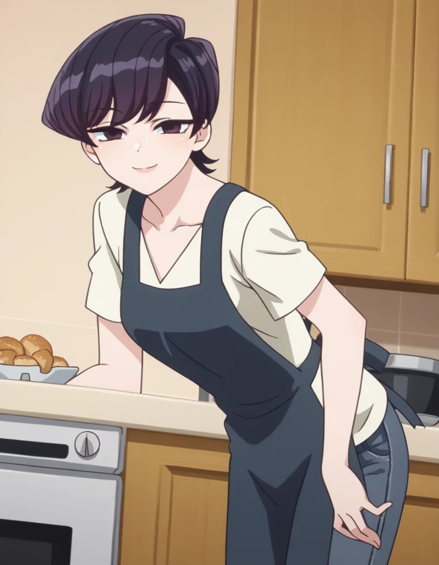 score_9, score_8_up, score_7_up, source_anime,
shuukokomi, <lora:shuuko-komi-s1s2-ponyxl-lora-nochekaiser:1>,
shuuko komi, short hair, black hair, black eyes, half-closed eyes,
shirt, white shirt, short sleeves, pants, apron, denim, jeans, blue apron,
indoors, kitchen, bent over, smile,
looking at viewer, cowboy shot, dutch angle, solo,