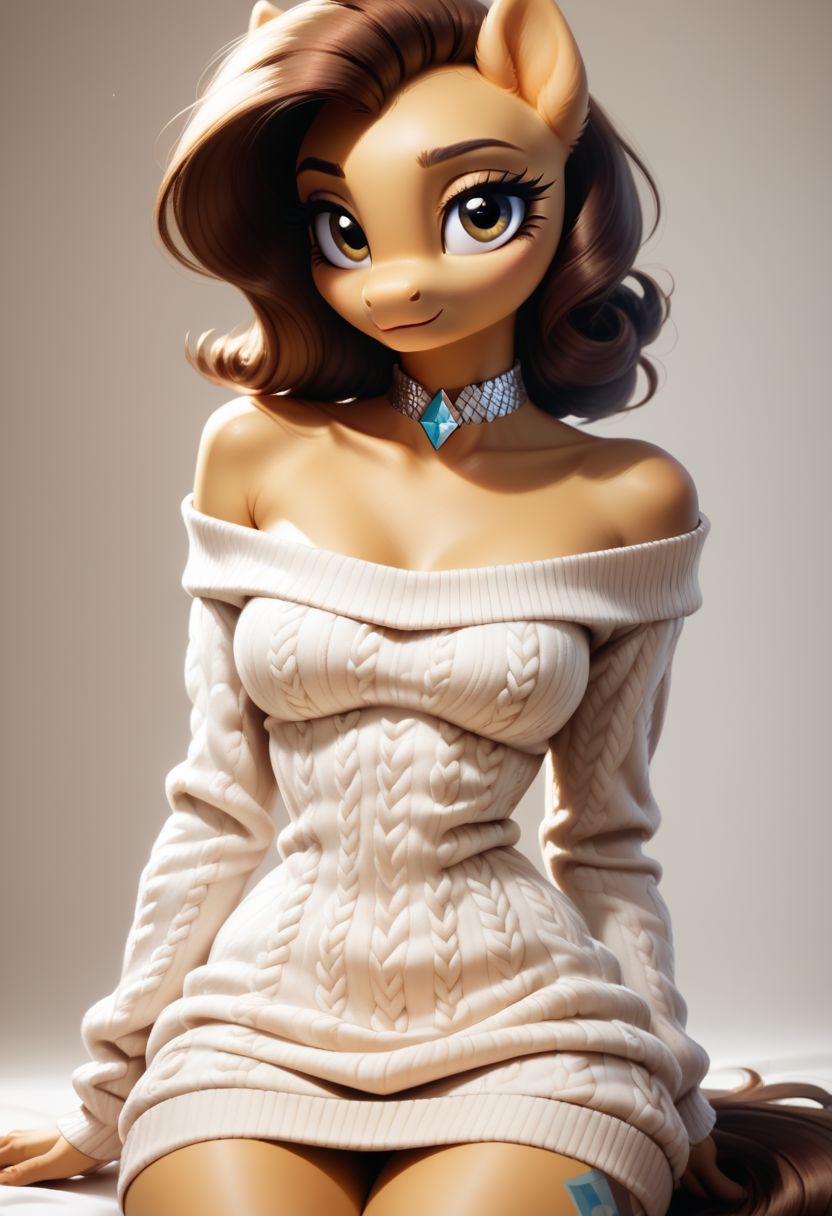 score_9, score_8_up, score_7_up, source_pony, 1girl, solo, furry, sexy sweater dress, white dress, scoop neck, long sleeves, bare shoulders, diamond choker, d4rkz1r4, hazel eyes, brown hair, cutie mark on thigh,