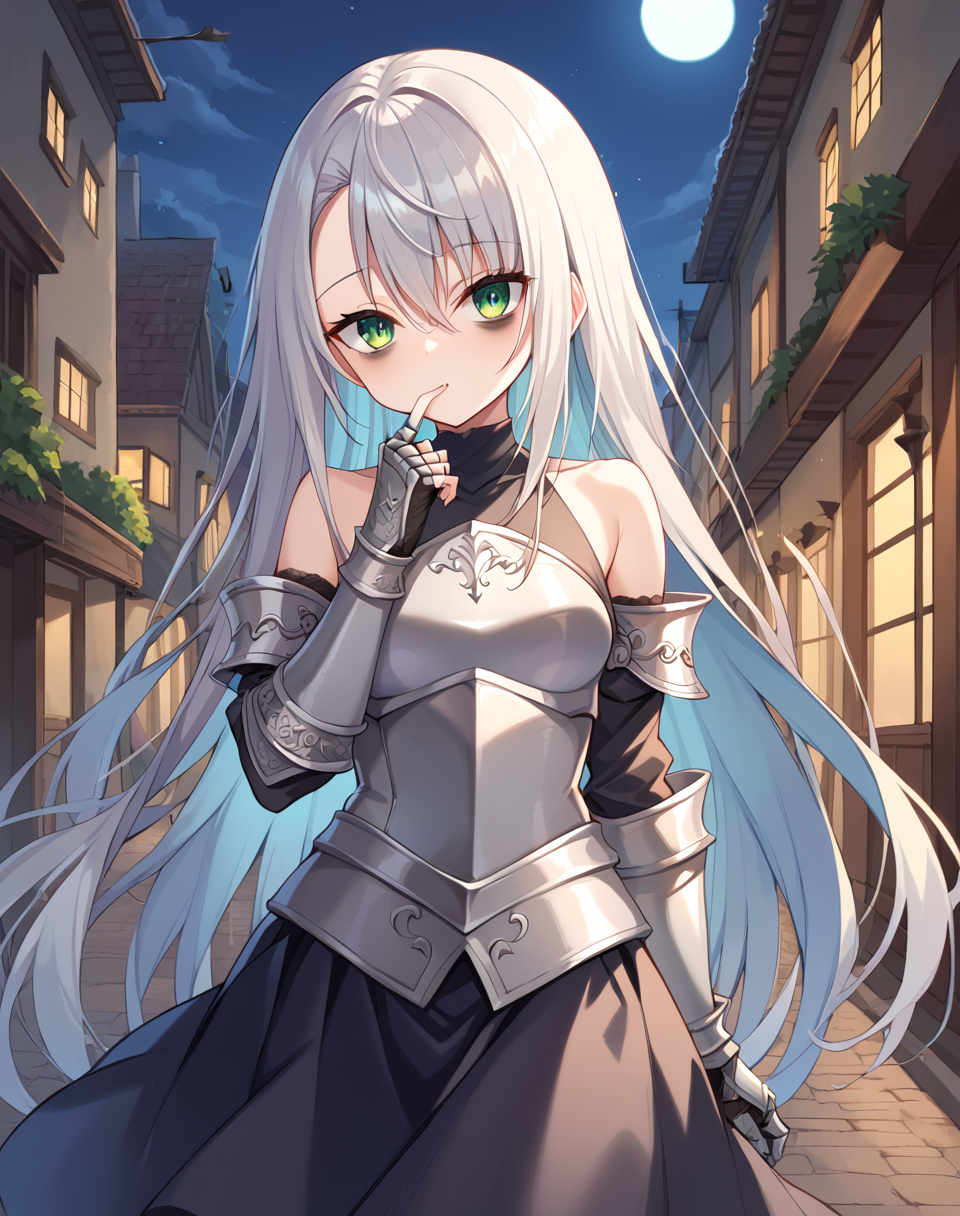 rene_yuusha, grey hair, green eyes,  very long hair, bare shoulders, knight clothes, arm guards, breastplate, gauntlets, detached, sleeves, armor skirt, black skirt, bags under eyes , petite body, small breasts BREAK outdoors,city street, night, medieval BREAK sexy pose, looking at viewer, neutral face,  cowboy shot, tilt head, finger near mouth BREAK score_9, score_8_up, score_7_up, source_anime ,zPDXL, perfect hand, <lora:Rene-000017:0.8>