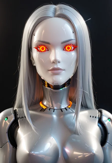 A 35mm photo of a beautiful broken robotic woman, she has a faceless robotic head, robot, silver hair, smooth dark grey metallic featureless feminine body, sparks coming from her broken neck
no face