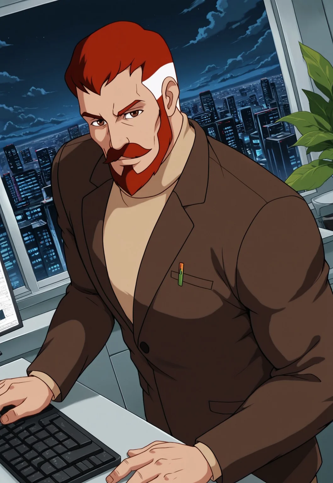masterpiece, best quality, amazing quality, BentonQuest, red hair, white hair, two-tone hair, jacket, turtleneck, brown eyes, short hair, facial hair, mustache, mature male, muscular, upper body, looking at viewer, smile, laboratory, dutch angle, dynamic pose, computer, writing on keyboard, detailed background, bloom, fluorescents, below view, plants, window, night, above view, clouds, city landscape, side view, cowboy shot,