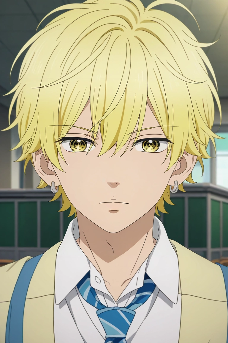 score_9, score_8_up, score_7_up, source_anime, rating_safe, , anime screencap, , , looking at viewer, 1boy, solo, male focus, <lora:kai_miura_pony:0.94>, kai_miura, blonde hair, yellow eyes, short hair, bangs, hair between eyes, earrings, white shirt, school uniform, necktie, , enchanted harbor, glowing docks, sparkling waters, magical ships, anchoring pose, adventurous expression, moonlit seas, , <lora:sdxl_lightning_8step_lora:1>