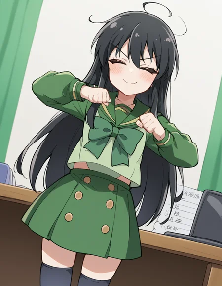 score_9, score_8_up, score_7_up, source_anime, <lora:shakugan-no-shana-s3-ponyxl-lora-nochekaiser:1>, shana, long hair, black hair, brown eyes, ahoge, sidelocks,, school uniform, serafuku, green serafuku, bowtie, green bowtie, green shirt, green sailor collar, long sleeves, green skirt, buttons, thighhighs,, office, desk, computer, chair, paperwork, smile, <lora:shikairo-days-dance-ponyxl-lora-nochekaiser:1>, shikairo days dance, shikairo days dance (meme), dancing, meme, closed eyes, clenched hands, glowsticks, blush, smile,, looking at viewer, solo,, dutch angle, cowboy shot