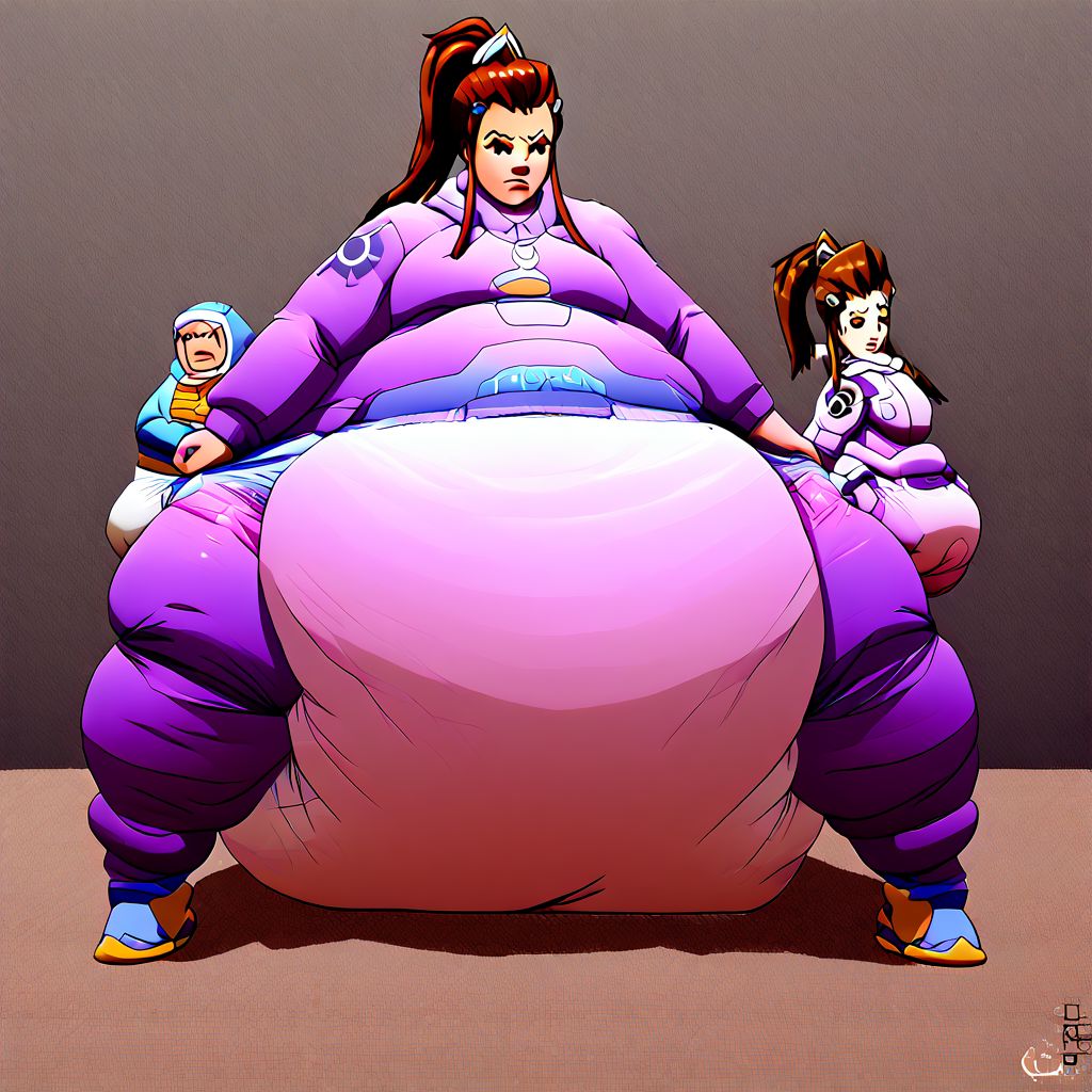 brigitte, overwatch, fat, female, diaper, puffy diaper, big diaper, waddle, huge diaper, chubby, onesie, massive diaper, confident, skintight bodysuit, anime, anime artsyle, weight gain, fat legs, armor,