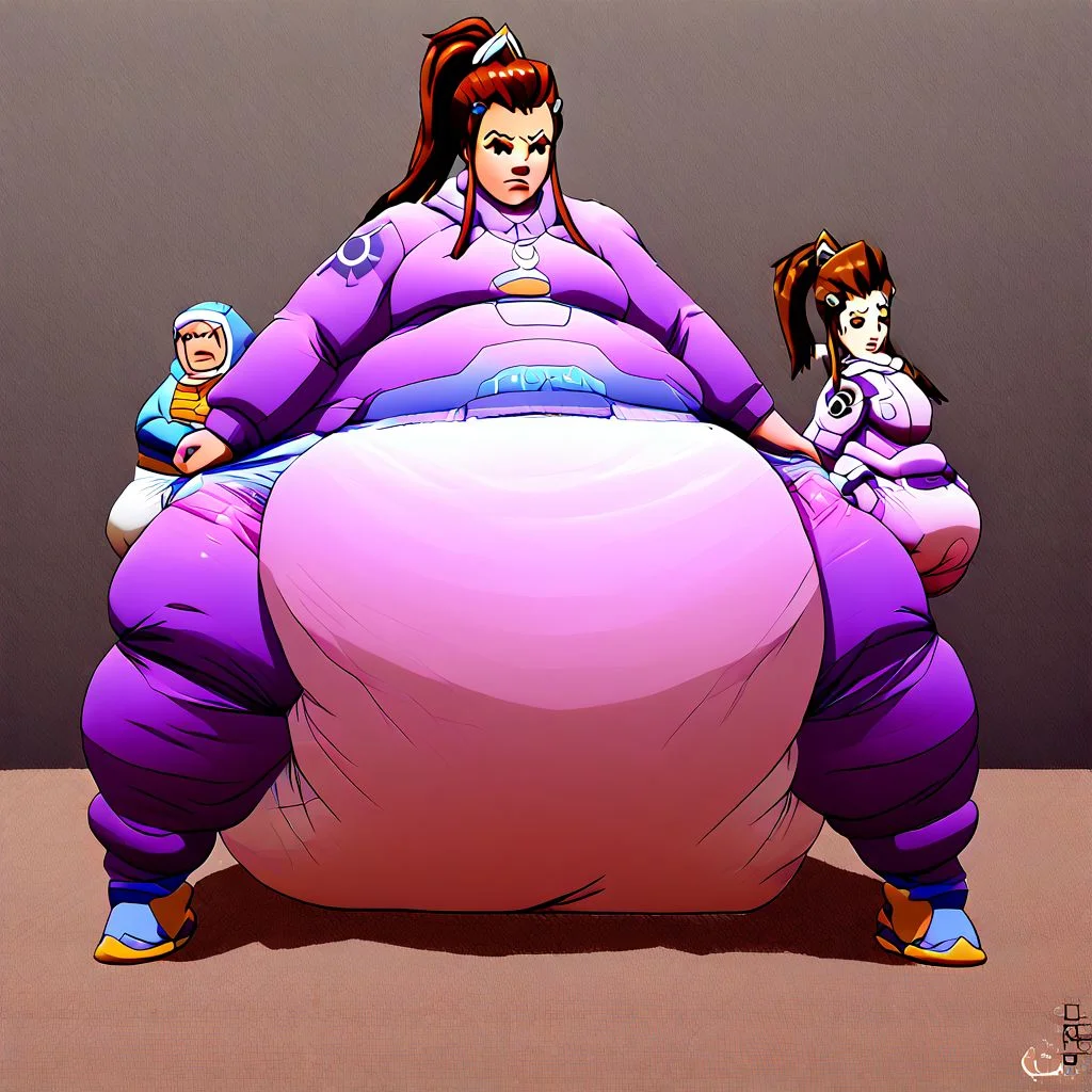 brigitte, overwatch, fat, female, diaper, puffy diaper, big diaper, waddle, huge diaper, chubby, onesie, massive diaper, confident, skintight bodysuit, anime, anime artsyle, weight gain, fat legs, armor,