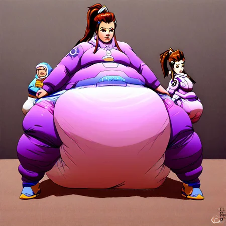 brigitte, overwatch, fat, female, diaper, puffy diaper, big diaper, waddle, huge diaper, chubby, onesie, massive diaper, confident, skintight bodysuit, anime, anime artsyle, weight gain, fat legs, armor,