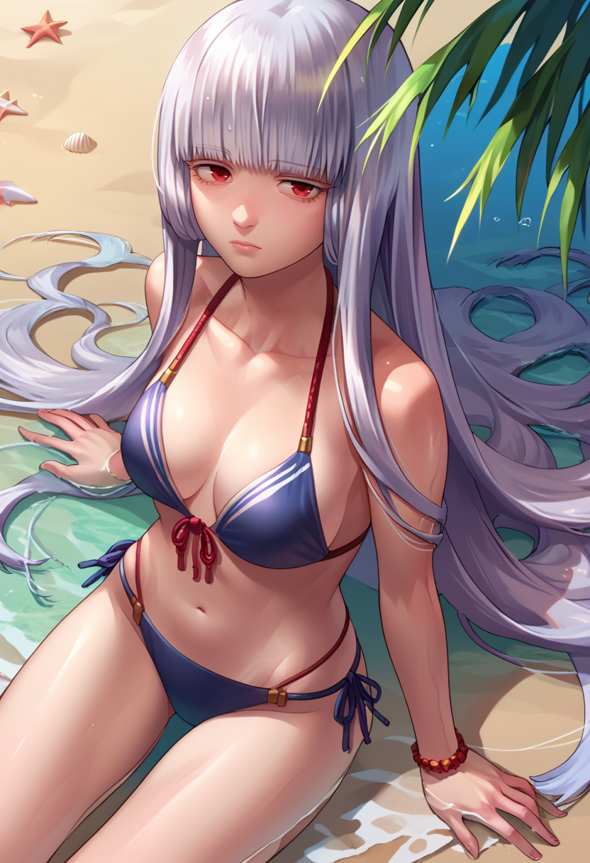score_9, score_8_up, score_7_up, 1girl, Uematsu Rikako, silver hair, long hair, red eyes, bikini, beach,     <lora:RIkako 50e-000048:1>