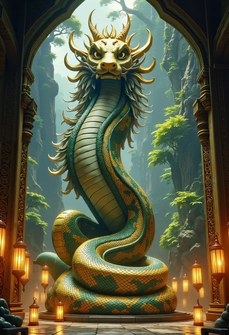 A towering, intricately carved guardian statue of a serpent, its scales shimmering with golden and emerald tones, stands watch within a grand, ancient temple. The snake's form, inspired by Southeast Asian mythology, is a masterful blend of realism and fantasy, its every curve and coil imbued with intricate, flowing patterns (snake patterns:1.6). Sunlight, filtered through the temple's arched doorways, illuminates the meticulously detailed carvings (intricate carvings:1.4) adorning its surface. Numerous lanterns, glowing with an ethereal, otherworldly light, surround the statue, their warm golden light reflecting off the polished stone floors. A dense, mystical forest (ornate details:1.5) shrouds the temple in a verdant, deep green backdrop, its ancient trees reaching towards a sky painted in shades of azure and deep violet. The air hums with a palpable sense of spiritual energy (spiritual ambiance:1.6), a quiet majesty pervading the scene. The atmosphere is one of timelessness and profound mystery. A cinematic wide shot captures the entire scene, showcasing the grandeur of the ancient temple and the awe-inspiring statue within. Crisp, deep shadows contrast beautifully with the radiant glow of the lanterns and the golden and emerald tones of the serpent's scales, emphasizing every intricate detail of the statue and its mystical surroundings, evoking a sense of fantasy realism.<lora:boFLUX Year of the Snake.safetensors:1.0:1.0>