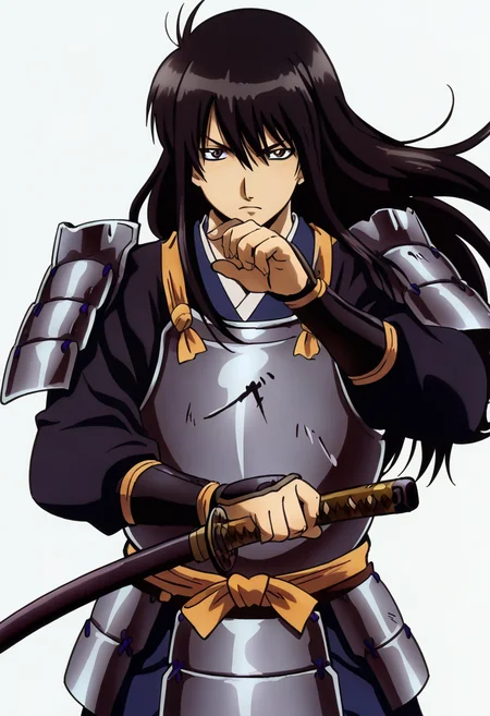 masterpiece, best quality, absurdres, detailed skin, detailed eyes, detailed face, anime colored, anime screencap, anime colored,
<lora:Katsura_Kotaro:1>, 1 boy, katsura, cowboy shot, looking at viewer, serious,
<lora:samurai_armor_pony:1>, samurai, armor, shoulder armor,
((white background)),