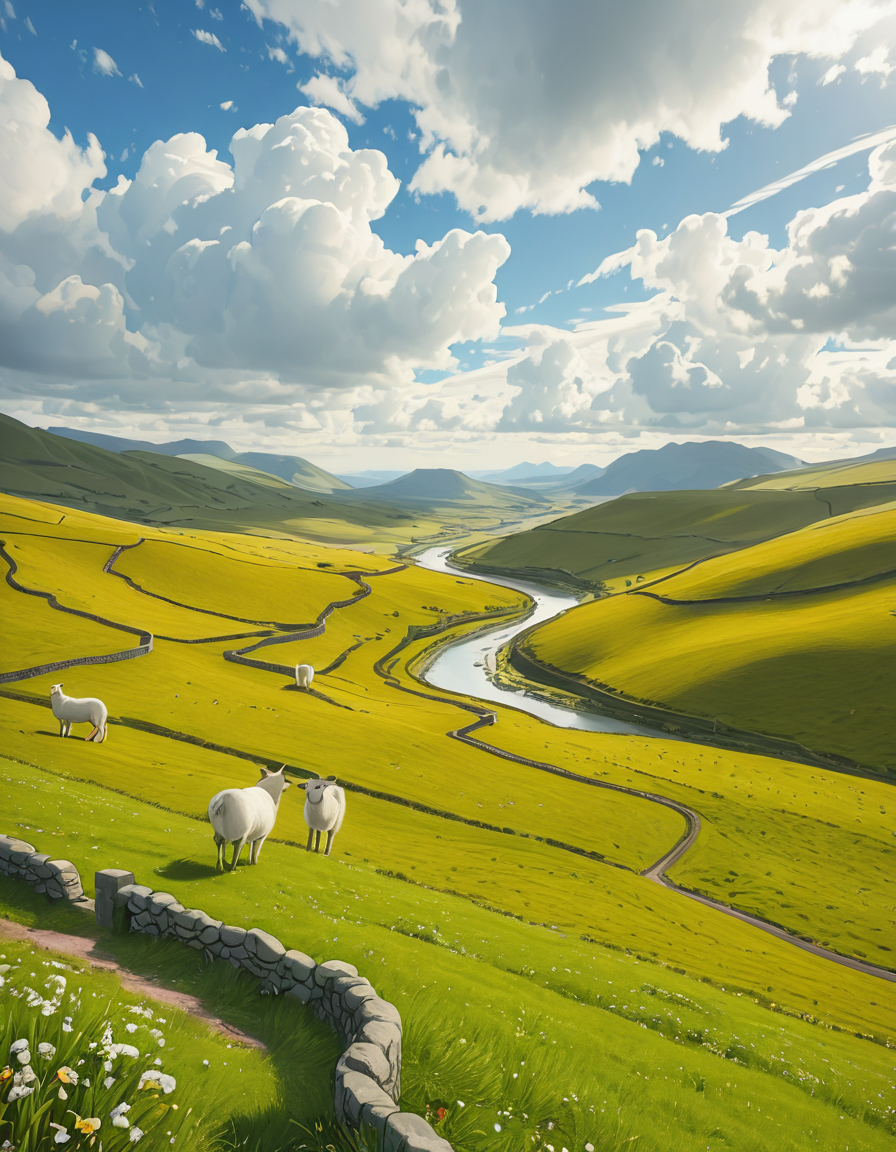 A breathtaking, high-resolution photograph of the rolling plains of Ireland, stretching endlessly under a vast, cloud-streaked sky. The landscape is a lush, vibrant green, with gentle hills covered in soft grass and dotted with scattered wildflowers. Ancient stone walls and winding dirt paths cut through the fields, marking old farmland boundaries. In the distance, a few solitary sheep graze peacefully, their white wool contrasting against the emerald grass. A small, clear river meanders through the valley, reflecting the soft light of the sky. The horizon is framed by low, misty mountains, adding depth and mystery to the scene. Above, the sky is a mix of bright blue and fluffy white clouds, casting dynamic shadows across the landscape as beams of sunlight break through. The atmosphere is serene, timeless, and rich with the natural beauty of the Irish countryside.
<lora:SDXLFaeTastic2400:0.4> <lora:extremely_detailed:0.4> extremely detailed,rolling plains of 1r3l4nd, <lora:rolling_plains_of_1r3l4nd-i:1>, Masterpiece,best quality,hi res,8k,hi res,8k,award winning,(sharp focus, intricate, highly detailed),