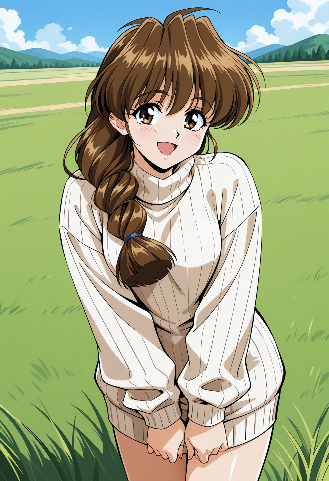 nakamoto_shizuka, brown eyes, brown hair, long hair, single braid, hair over shoulder, sweater dress, turtleneck, ribbed sweater, long sleeves, <lora:Graduation_nakamoto_shizuka_illustrious_ver1:0.8>
smile, open mouth,, masterpiece, best quality, very aesthetic, absurdres, general,, 1girl, solo, blue sky, (grasslands:1.2), looking at viewer,, (cowboy shot, dynamic pose:1.4),
