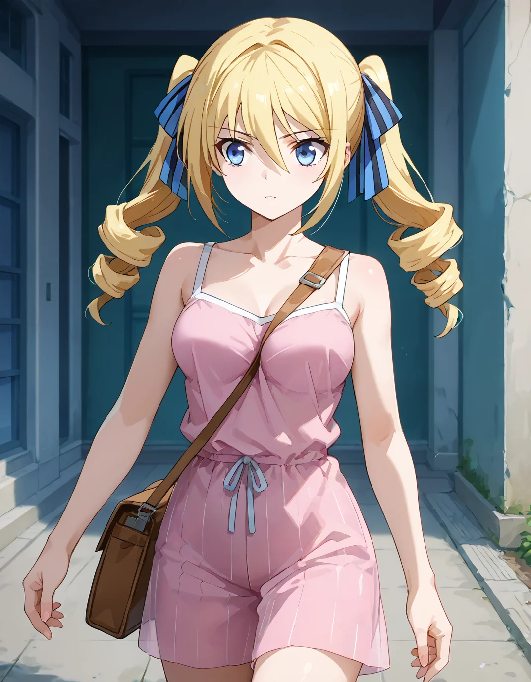 score_9, score_8_up, score_7_up, source_anime, <lora:add-detail-xl:1>, good anatomy, masterpiece, amazing quality, ultra detailed, good hand
BREAK 1girl, casual, walking, <lora:pai-sura:0.6> pai-sura, breasts emphasis, slant bag, bag strap passing between breasts,
BREAK <lora:angelina-kudou-shields-s2-ponyxl-lora-nochekaiser:0.9> angelina kudou shields, blue eyes, blonde hair, ribbon, hair between eyes, twintails, hair ribbon, drill hair, blue ribbon, twin drills, medium breasts,