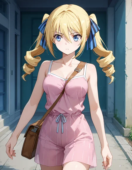 score_9, score_8_up, score_7_up, source_anime, <lora:add-detail-xl:1>, good anatomy, masterpiece, amazing quality, ultra detailed, good hand
BREAK 1girl, casual, walking, <lora:pai-sura:0.6> pai-sura, breasts emphasis, slant bag, bag strap passing between breasts,
BREAK <lora:angelina-kudou-shields-s2-ponyxl-lora-nochekaiser:0.9> angelina kudou shields, blue eyes, blonde hair, ribbon, hair between eyes, twintails, hair ribbon, drill hair, blue ribbon, twin drills, medium breasts,