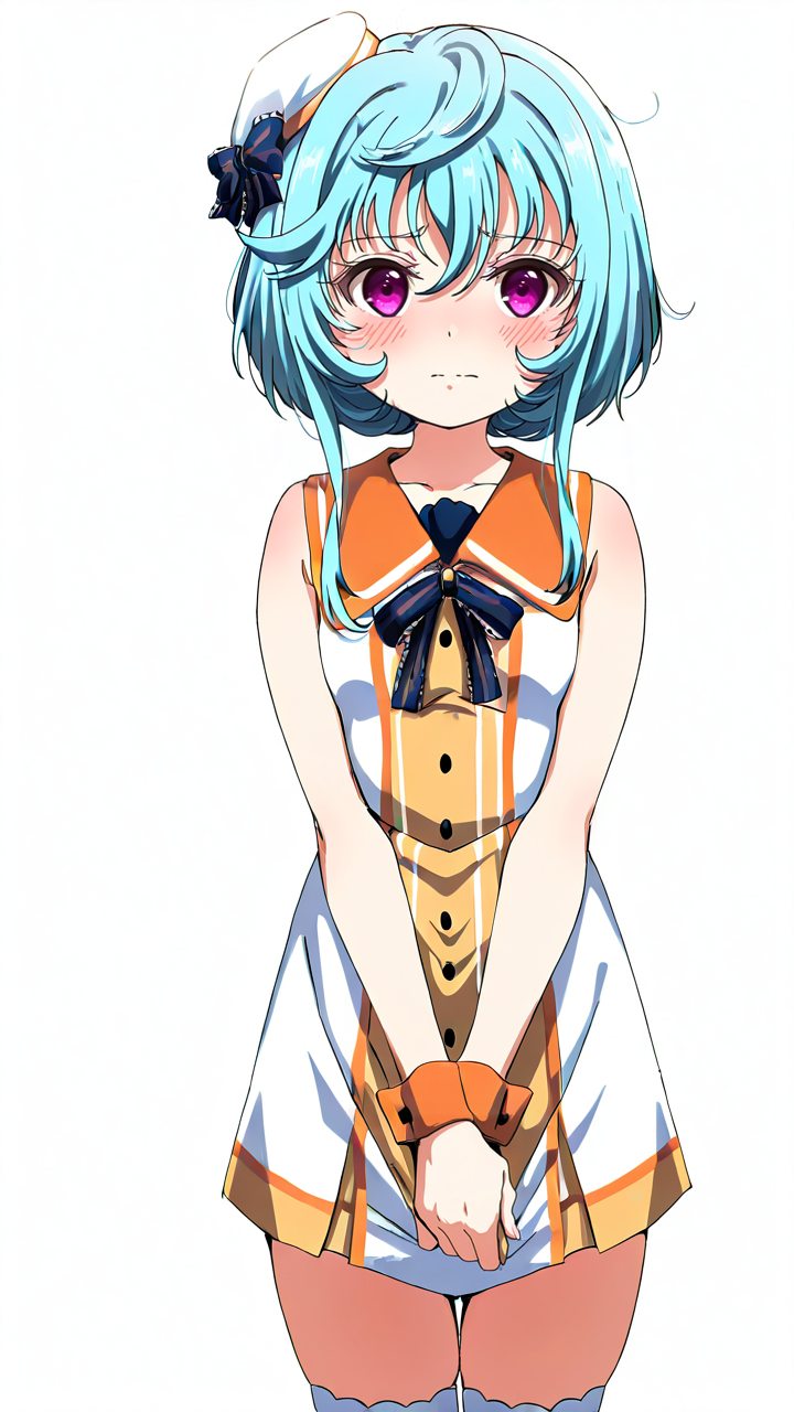 white_background,simple background,1girl,solo,full_shot,looking_at_viewer,<lora:Maryberry_Illustrious_v8:1>,Maryberry,Maryberry-idol,white_thighhighs,shy,blush,anime screenshot,sincos,arm_blade,, masterpiece, best quality