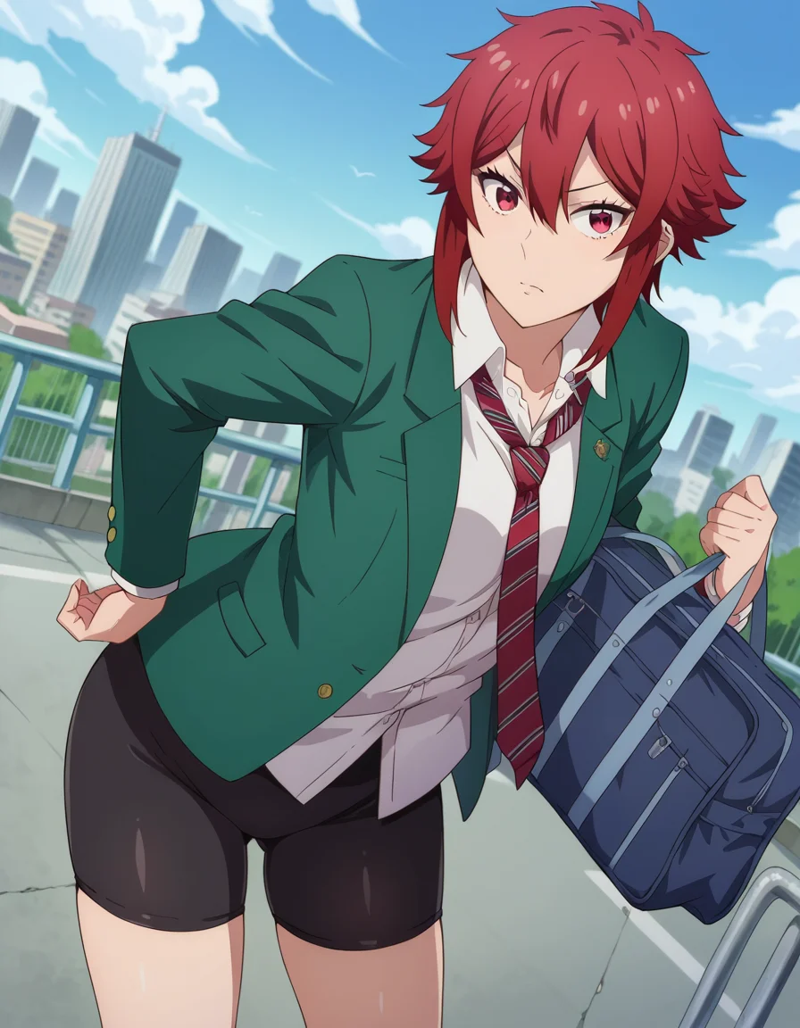 score_9, score_8_up, score_7_up, source_anime,
tomoaizawa, <lora:tomo-aizawa-ponyxl-lora-nochekaiser:1>,
tomo aizawa, short hair, red eyes, hair between eyes, red hair,
skirt, shirt, school uniform, jacket, white shirt, pleated skirt, necktie, striped, black skirt, blazer, red necktie, school bag, green jacket, striped necktie, green blazer, bike shorts,
outdoors, cityscape, bent over,
looking at viewer, dutch angle, cowboy shot,