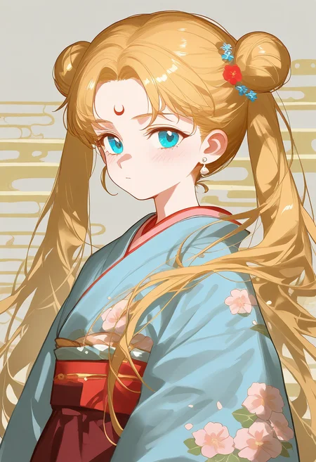 tsukino_usagi, 1girl, solo,vectorized, retro color, (ciloranko:0.7), (wlop:0.6),(ratatatat74:0.9), (ask_(askzy:1.2)), sho_(sho_lwlw), long_hair, looking_at_viewer, bangs, blue_eyes, skirt, blonde_hair, hair_ornament, long_sleeves, twintails, jewelry, very_long_hair, closed_mouth, earrings, japanese_clothes, kimono, hair_bun, parted_bangs, double_bun, facial_mark, floral_print, moon, crescent, forehead_mark, sun, egasumi, crescent_facial_mark, best quality, amazing quality, very aesthetic, absurdres,