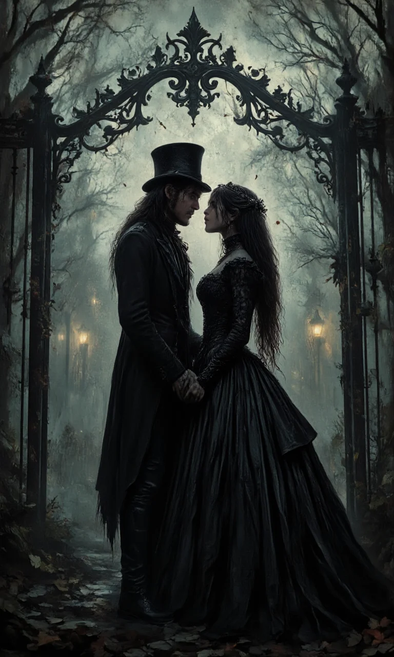 artwork depicting a romantic scene set in a dark, foggy cemetery. The central focus is on a couple standing in front of an ornate, wrought-iron gate with intricate, swirling designs. The man, on the left, has long, wavy hair and is wearing a dark, vintage-style suit with a tall top hat, adding to the gothic aesthetic. His face is partially obscured by the brim of the hat, but his expression is intense and focused on the woman. The woman, on the right, has long, flowing dark hair and is dressed in a black, Victorian-style gown with a high collar and long, lace sleeves. Her face is turned towards the man, and their lips are almost touching, suggesting a deep emotional connection.
The background is shrouded in mist, with bare, leafless trees and a few glowing lanterns visible in the distance. The ground is covered in fallen leaves, adding to the autumnal feel of the scene. The overall color palette is dominated by dark shades of black, grey, and brown, with the only significant splash of color coming from the woman's gown. The composition and lighting create a haunting, romantic atmosphere, evoking a sense of melancholy and longing., aidmaimageupgrader, aidmamj6.1,