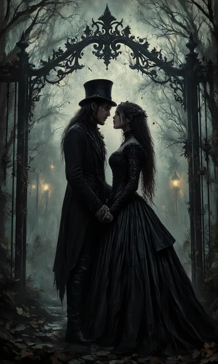 artwork depicting a romantic scene set in a dark, foggy cemetery. The central focus is on a couple standing in front of an ornate, wrought-iron gate with intricate, swirling designs. The man, on the left, has long, wavy hair and is wearing a dark, vintage-style suit with a tall top hat, adding to the gothic aesthetic. His face is partially obscured by the brim of the hat, but his expression is intense and focused on the woman. The woman, on the right, has long, flowing dark hair and is dressed in a black, Victorian-style gown with a high collar and long, lace sleeves. Her face is turned towards the man, and their lips are almost touching, suggesting a deep emotional connection.
The background is shrouded in mist, with bare, leafless trees and a few glowing lanterns visible in the distance. The ground is covered in fallen leaves, adding to the autumnal feel of the scene. The overall color palette is dominated by dark shades of black, grey, and brown, with the only significant splash of color coming from the woman's gown. The composition and lighting create a haunting, romantic atmosphere, evoking a sense of melancholy and longing., aidmaimageupgrader, aidmamj6.1,