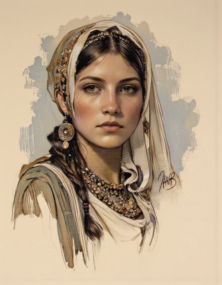 Art by Thomas Haller Buchanan. A portrait of a woman in a portrait pose, drawn in a realistic style with a focus on texture and shading. the subject, a woman with a serious expression, is positioned in the middle of the image, facing the viewer with her eyes looking directly at the viewer. her hair is long and braided, and she is wearing a headscarf and a necklace with earrings. the background is a soft beige color, and the image is signed "nub" in the bottom right corner, indicating that it is a signature. the woman appears to be in her early twenties, with a light skin tone and dark brown hair. she has a slim body and is wearing jewelry, including earrings, a necklace, and a head scarf. her eyes are brown, and her expression is serious.