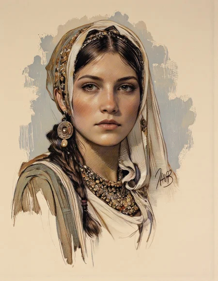Art by Thomas Haller Buchanan. A portrait of a woman in a portrait pose, drawn in a realistic style with a focus on texture and shading. the subject, a woman with a serious expression, is positioned in the middle of the image, facing the viewer with her eyes looking directly at the viewer. her hair is long and braided, and she is wearing a headscarf and a necklace with earrings. the background is a soft beige color, and the image is signed "nub" in the bottom right corner, indicating that it is a signature. the woman appears to be in her early twenties, with a light skin tone and dark brown hair. she has a slim body and is wearing jewelry, including earrings, a necklace, and a head scarf. her eyes are brown, and her expression is serious.